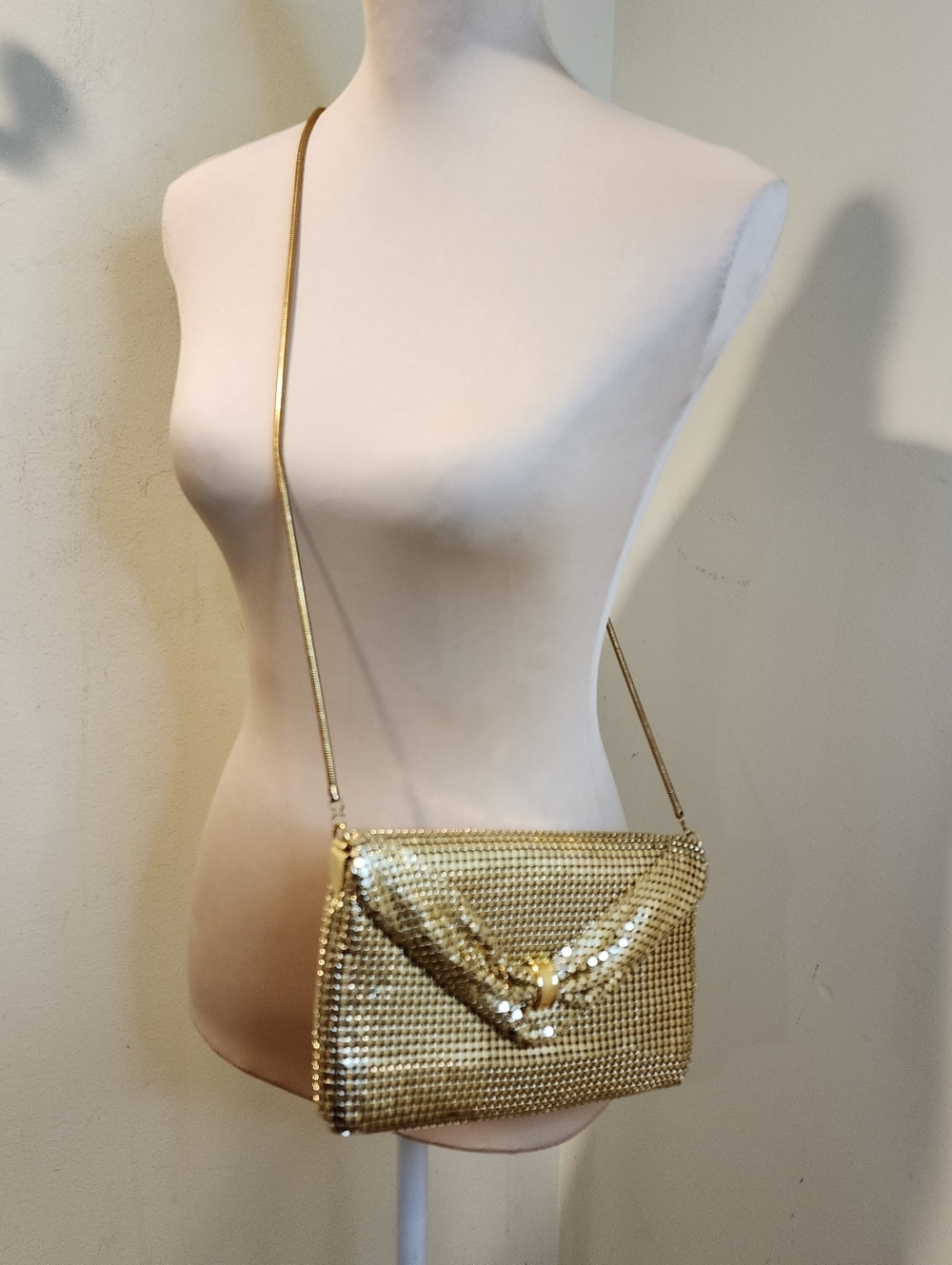 Gold Metallic Mesh Satchel Bag With Long Strap - Picture 4 of 14